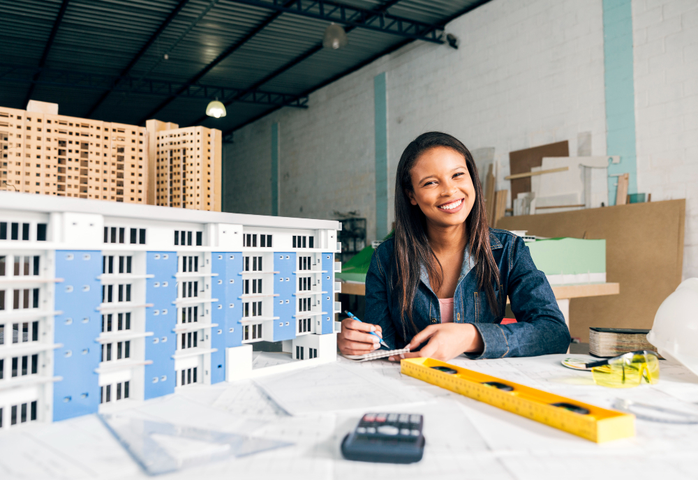 smiling-african-american-woman-taking-notes-near-model-building